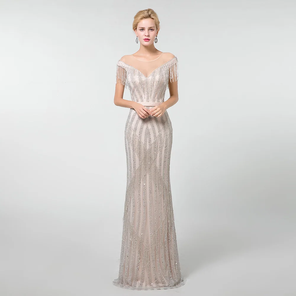 YQLNNE Обнаженная Русалка Вечернее Платье Иллюзия Тюль Бисероплетение кисточкой