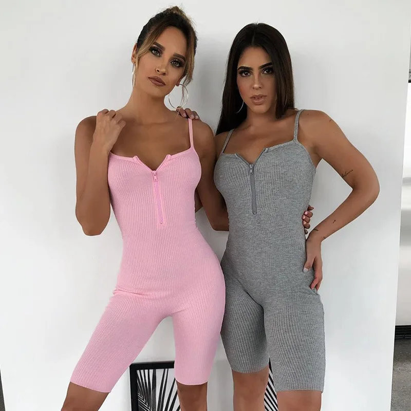 

BIIKPIIK Knitting Women Solid Elegant Playsuits Sportwear Summer Workout Overalls Skinny Zipper Biker Shorts Female Jumpsuits