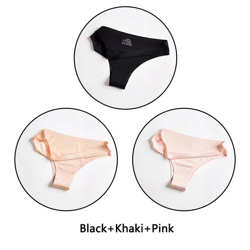 Black Khaki Pink 3 шт./партия, бесшовное женское нижнее белье, мягкие шелковые трусы, сексуальное женское белье, одноцветные трусы M-3XL трусы большого размера - Цвет: Black Khaki Pink