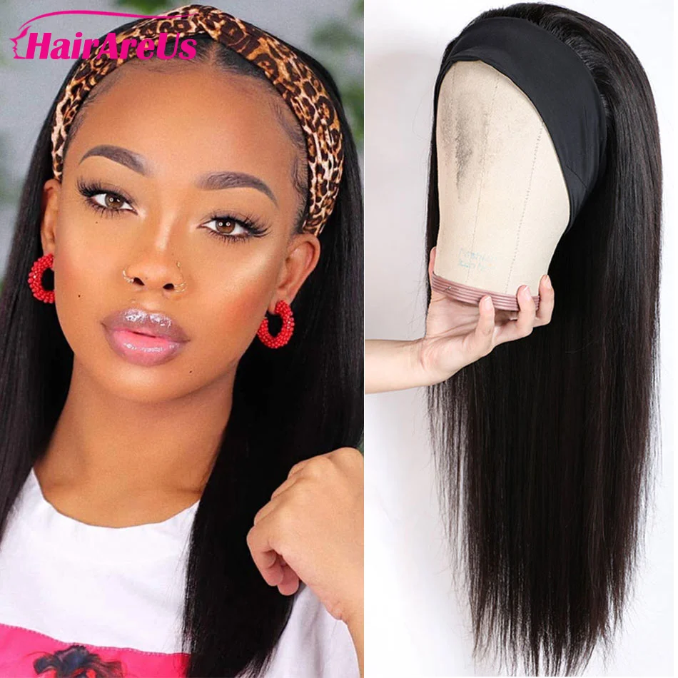 

Straight Hair Headband Wigs With Scarf Glueless Remy Brazilian Human Hair Wigs For Black Women Full Machine Made Wig with Bangs