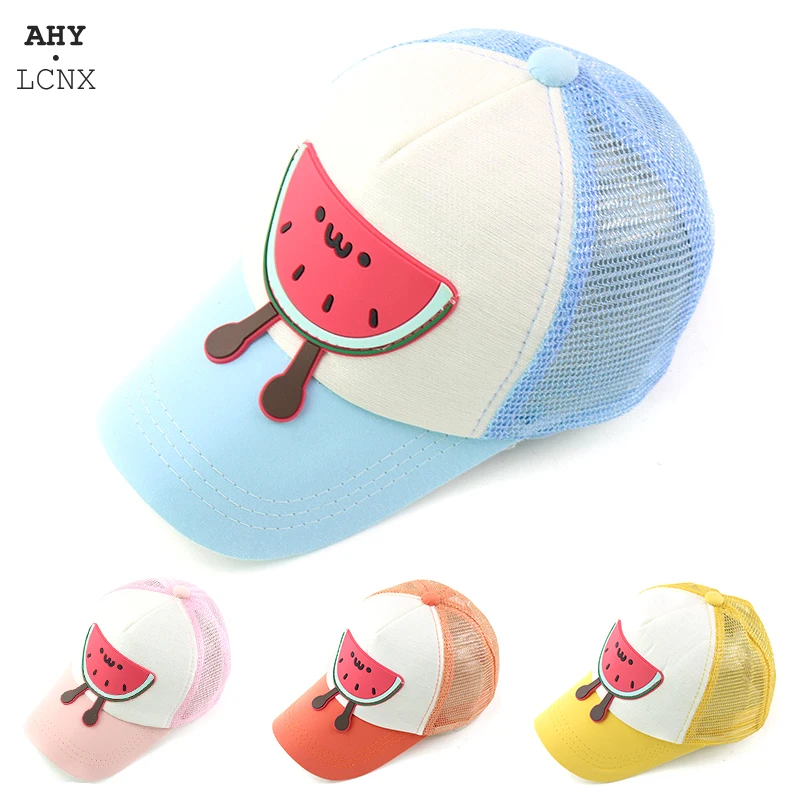 

Бейсболка детская в Корейском стиле, шляпы для мальчиков и девочек, с принтом арбуза, дышащая, с сеткой, симпатичная, в стиле хип-хоп, летняя
