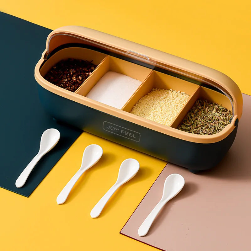 

Nordic Contrasting Color Seasoning Box Set Kitchen Seasoning Four Grids With Spoon One Seasoning Box Storage Multi Grids