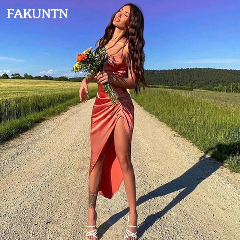 FAKUNTN атласное женское длинное платье на бретельках с рюшами шнуровке