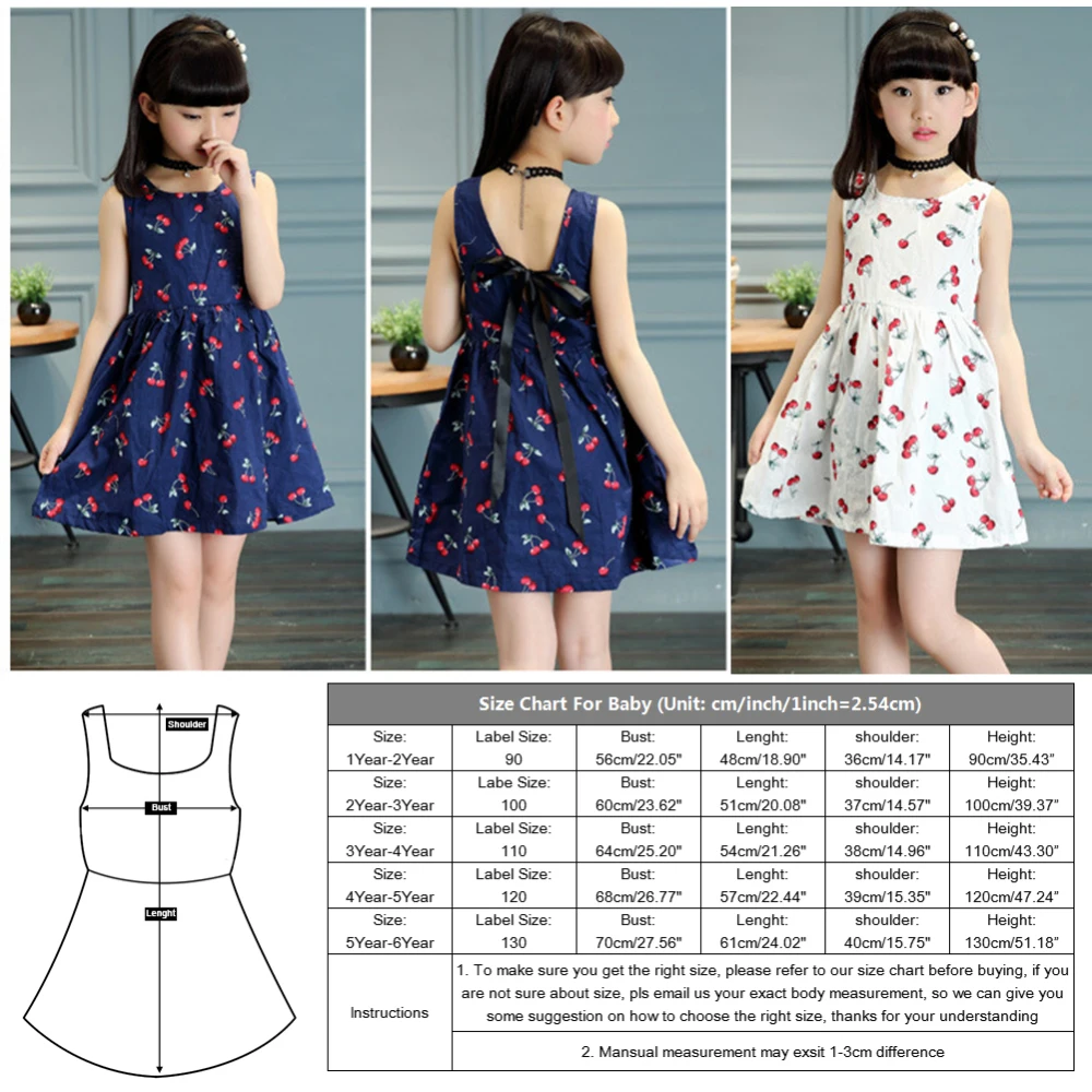 2019 1-5Y baby girl dress Princess Dress For Girl Kids Sleeveless Chery Print Bow Decor Cotton O-Vest Children Clothes | Детская одежда
