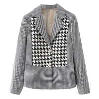 2021 autumn women plaid blazer long sleeve grid coat button up jacket female outerwear chic patchwork houndstooth suits femme