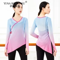 women chinese folk dance wear sexy transparent mesh blouse classical dance loose top with thumb hole long sleeve gradient color