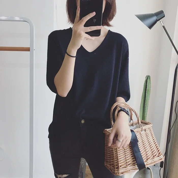 

Summer women's new Korean version of the simple V-neck wild loose pullover T-shirt solid color sleeves casual top KE3