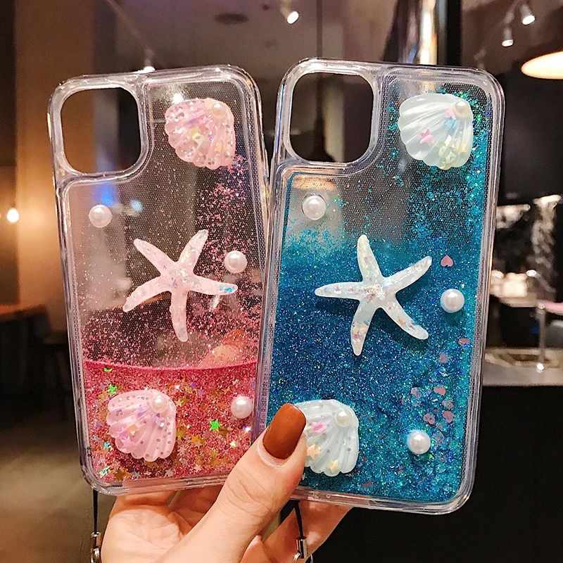 

Liquid dynamic luxury starfish phone case for iPhone 13 12 11 Pro 6 7 8 Plus Quicksand cute iPhone X XR XS Max SE2020 case