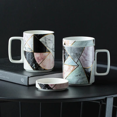 

Ceramic Nordic Geometric Texture Mug Household Office Breakfast Milk Coffee Tea Mug With Lid Marble Ceramic Cup Gift Drinkware
