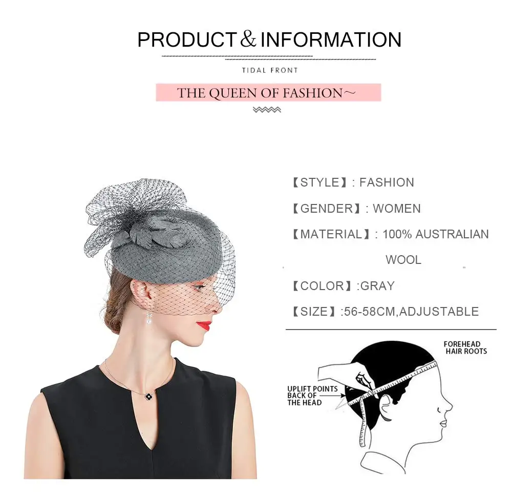 Fedoras Wool Leaf Hat Gray Fascinator For Women Elegant Church Wedding With Veil Cap Cocktail Tea Party Hair Clip Hat Girls