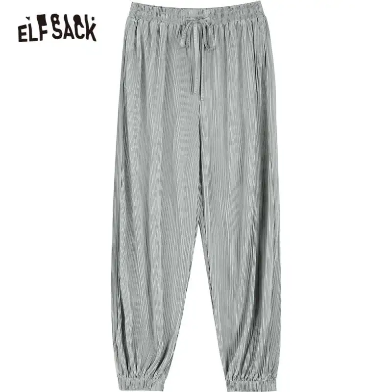 ELFSACK Solid Pure High Waist Straight Casual Minimalist Women Pants 2021 Summer Drawstring Korean Ladies Daily Basic Trouser