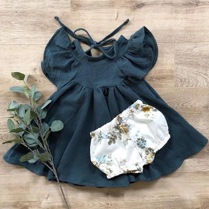 

Girls cotton and linen dress solid color flying sleeves lace-up girl dress kids princess dress