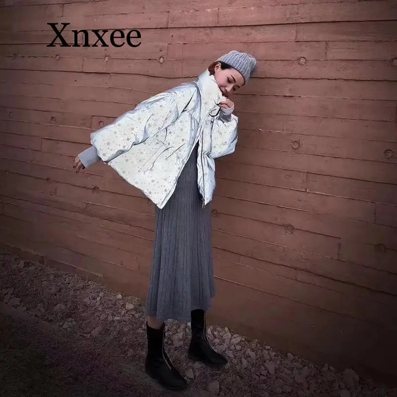 Winter Women Streetwear Down Parka Oversize Reflective Jacket Short Warm Women Coat Snowflake Sequin Parka Cotton Padded Jacket