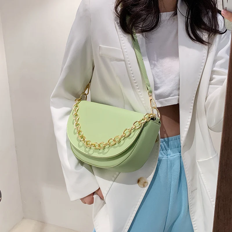 

Simple Design Solid Color Pu Leather Saddle Crossbody Bag for Women 2021 Female Brand Chain Shoulder Handbags and Purses