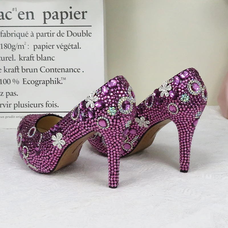 

Women wedding shoes Bride purple crystal party shoes with matching bags fashion high heels platform shoes Round Toe Party shoes