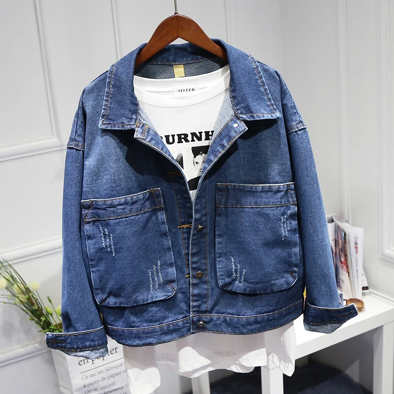 Женская джинсовая куртка из потертого хлопка повседневная короткая с большими