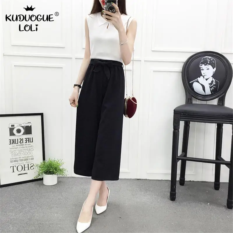 Женские летние тонкие вязаные брюки черные свободные широкие до щиколотки