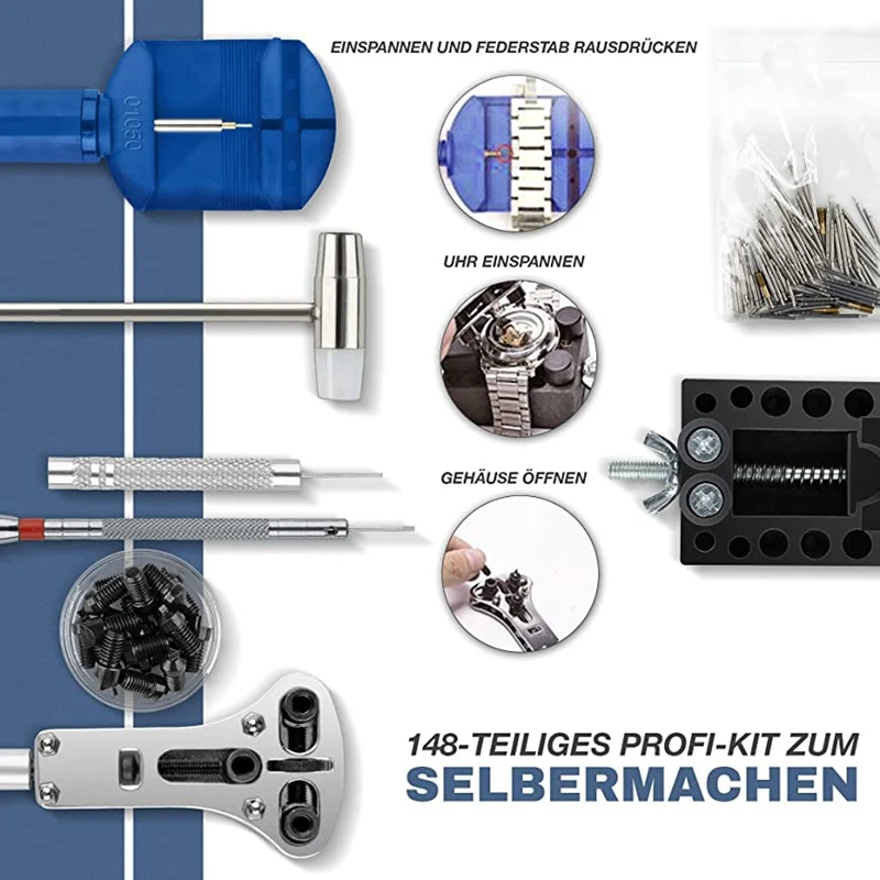 

Premium Watch Tool - 148 Piece Watchmaker Tool Set - with Watch Opener for Battery & Seal Change - Carbon Steel