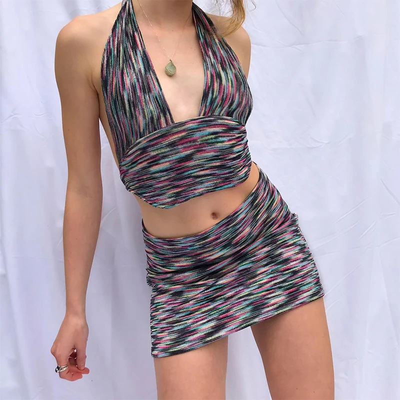 

IAMSURE Backless Striped Halter Top Sexy Slim Low Cut Sleeveless Crop Top Y2K Clubwear Criss-Cross Tank Tops Women 2021 Summer