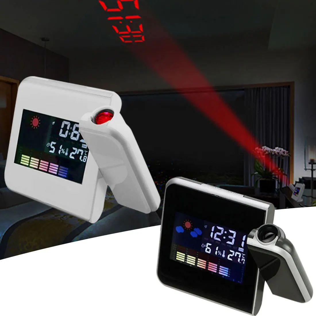 

LED Digital Projection Alarm Clock Temperature Thermometer Desk Time Date Display Projector Calendar USB Charger Table Led Clock
