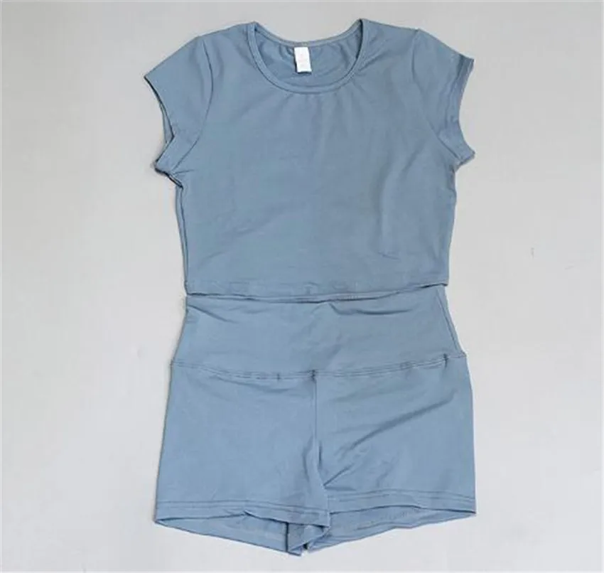 XS-XL, Женский комплект для йоги, 2 шт., короткий рукав, топ, футболка, шорты, пуш-ап, леггинсы, для спортзала, фитнеса, бега, спортивный костюм - Цвет: CB1060 blue