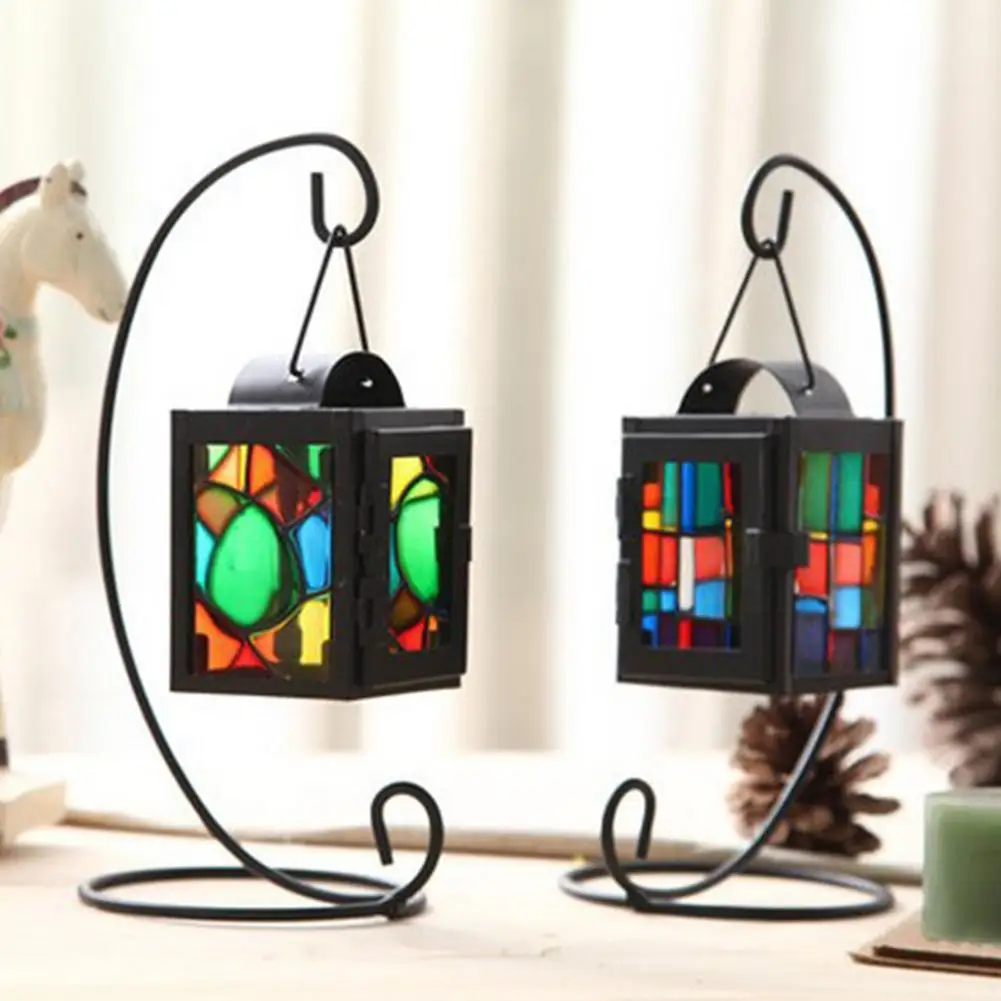 

HOT SALE ！！！New Arrival Iron Craft Colorful Glass Hanging Candlestick Candle Holder Light Lantern Stand Wholesale Dropshipping