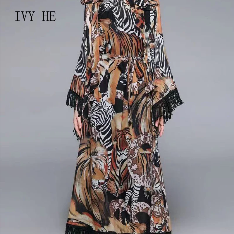 

IVY HE Holiday Style 2021 New European And American Women's Digital Printing Tiger Fringe Wide Sleeve Loose Waist Casual Dresses