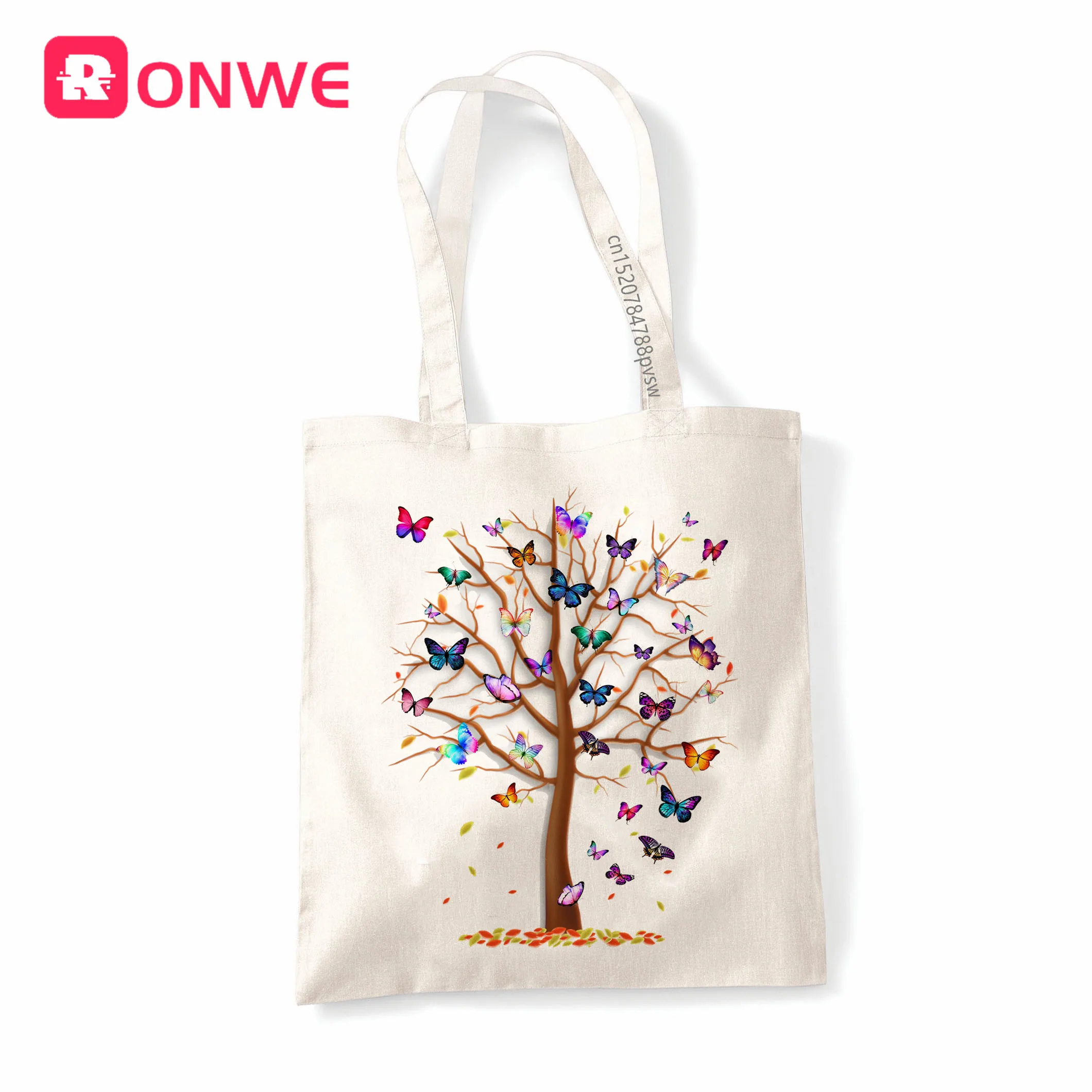 Многоразовая холщовая женская сумка тоут с принтом бабочки и дерева эко для