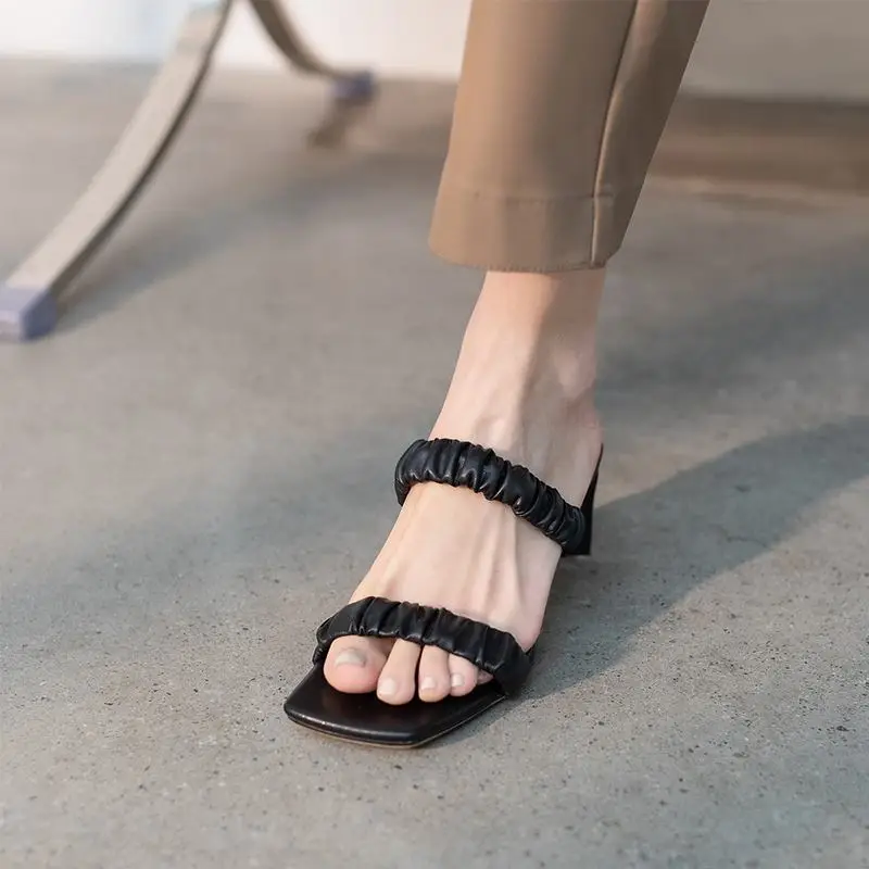

Krazing Pot thick high heels peep toe princess lovely sweet girls natural leather mules pleated decoration ruffles sandals l38