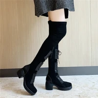 women black cow leather stretchy over the knee high military boots female lace up elastic velvet round toe platform pumps shoes