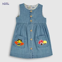 little maven children summer baby girl clothes toddler denim cotton bee applique pocket vestido dress for kids 2 3 4 5 6 7 years
