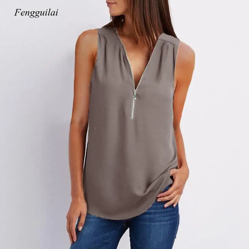 

2021 New Design V-Neck Zipper Sleeveless Loose Chiffon Vest Top 17 Colors Solid for Women Summer Causal t Shirt