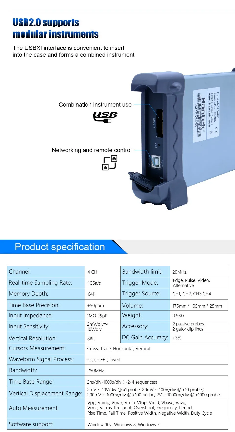 Hantek 6254BC PC USB осциллограф 4 канала 250 МГц 1GSa/s функция записи и воспроизведения сигнала Портативный Osciloscopio