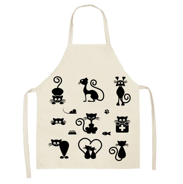 

Black Cute Cat Printed Kitchen Cooking Baking Aprons Sleeveless Cotton Linen For Women Man Home Delantal Cocina