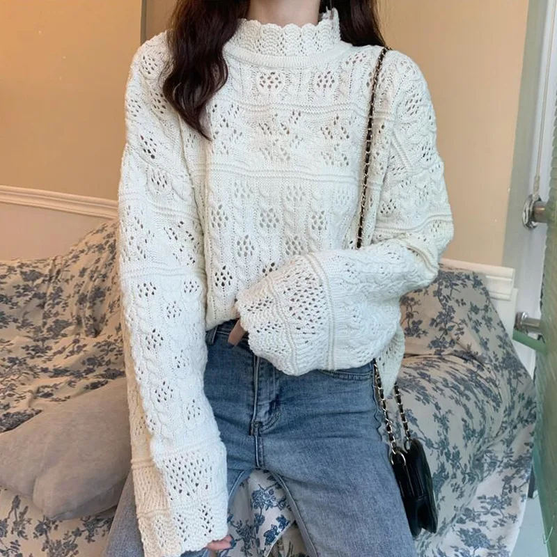 

Vintage Aesthetic Sweaters Women Half Turtleneck Loose Hollow Out Pullovers Woman Clothes 2021 Knitted Sueter Mujer Jumper Y2k