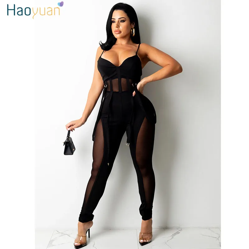 

HAOYUAN Sexy Sling Bodycon Jumpsuit Rave Birthday Club Outfits for Women 2022 Fashion Mesh Sheer Splicing One Piece Rompers