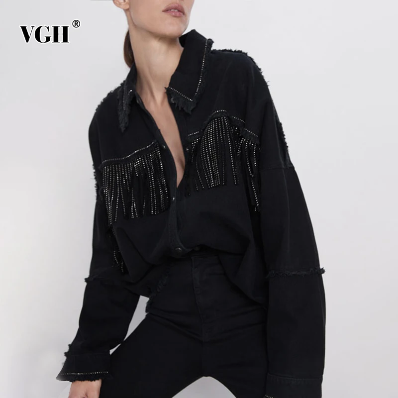 

Женская джинсовая куртка VGH, повседневная черная куртка с бахромой, с отворотом и длинным рукавом, Корейская уличная одежда, 2021