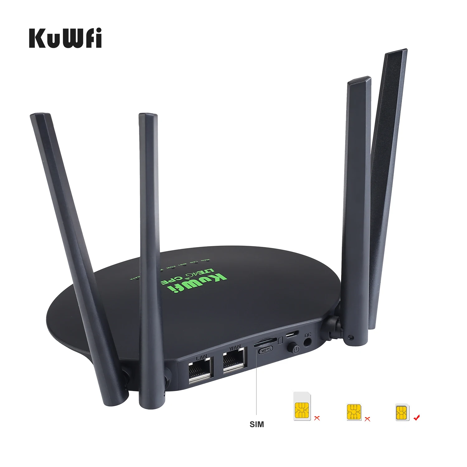 Беспроводной Wi-Fi-роутер KuWfi 3G/4G LTE 300 Мбит/с слот для сим-карты порт Wan/Lan 4 Внешние
