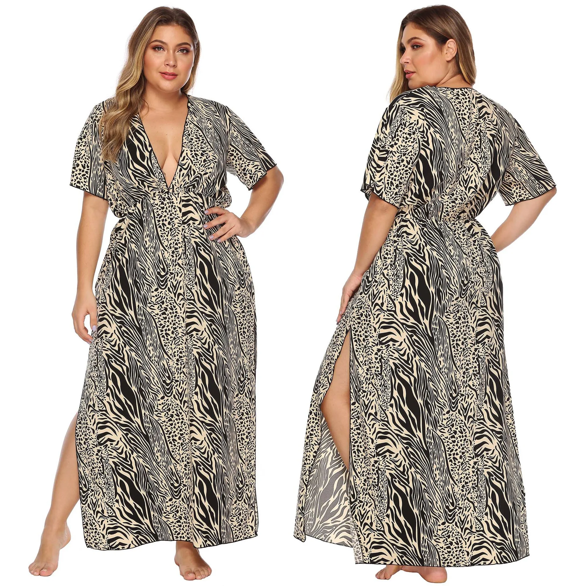 

Summer Fashion Zebra Pattern V-neck Split Sexy Short-sleeved Beach Dress Large Size Loose Womens Long Skirt