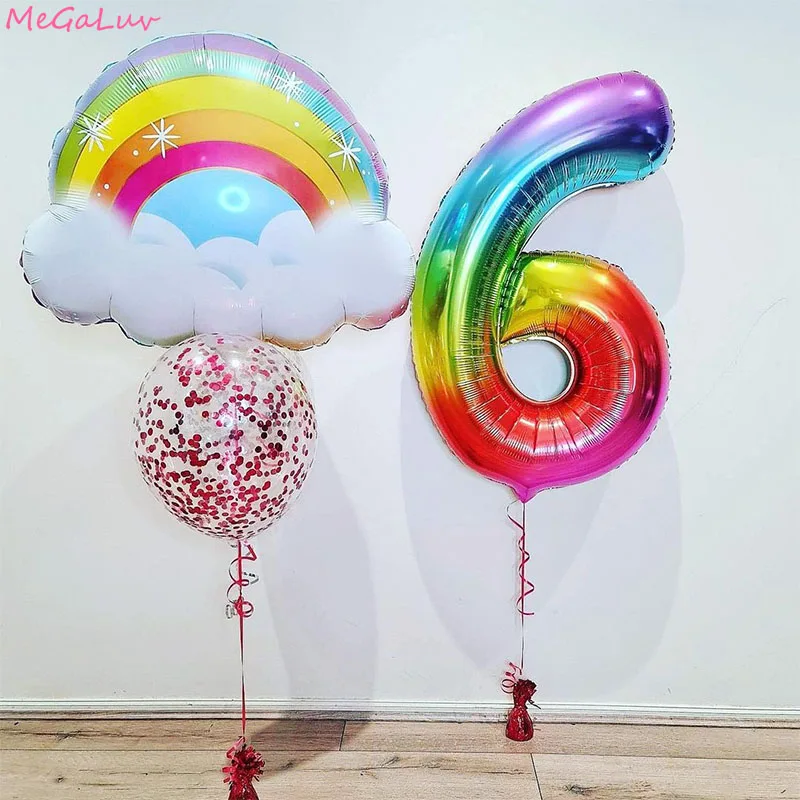 

40inch Rainbow Number Foil Balloons Confetti Rainbow Cloud Ballon Baby Shower Decoration Helium Balloons Wedding Supplies Globos