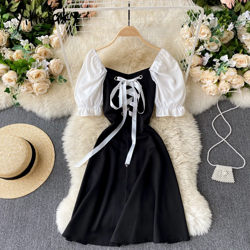 

Yitimoky Fashion Lace Up High Waist Dresses Women White Puff Sleeve Short Sleeve A-Line Clothing 2021 Summer Korean New Dress