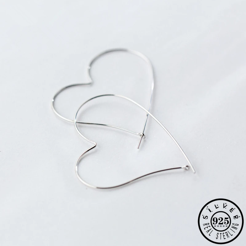 100% реальные 925 стерлингового серебра Большой Heart Shaped женские серьги-кольца для