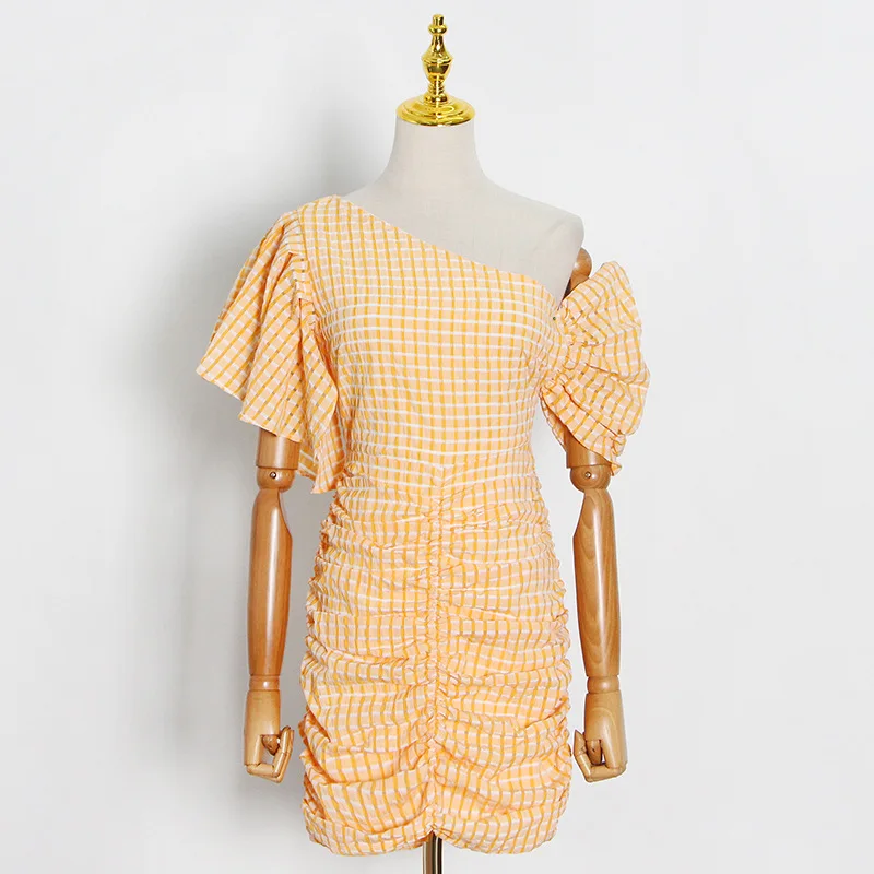 

Summer Short Sleeve Diagonal Collar Vestidos Plaid Slim Waist Buttocks Femme Robe Elegant Sexy Korean Fashion Women's Dress