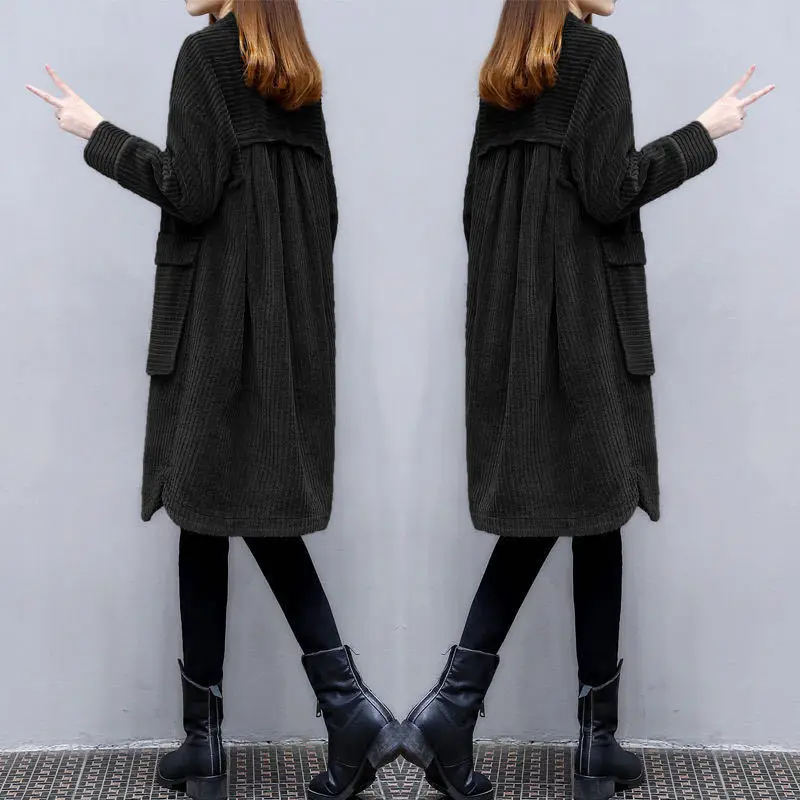 

Women Windbreaker Spring 2021 New pure color Jacket O Neck Mid-Length Loose Casual Corduroy lining Jacket Female Trench Coat W60