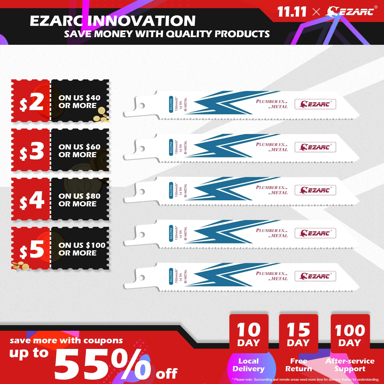 

EZARC 5 шт. 150 мм/6 дюймов 225 мм/9 дюймов лезвие сабельной пилы, биметаллические кобальтовые сабельные лезвия для резки металла R622PM / R922PM 14TPI