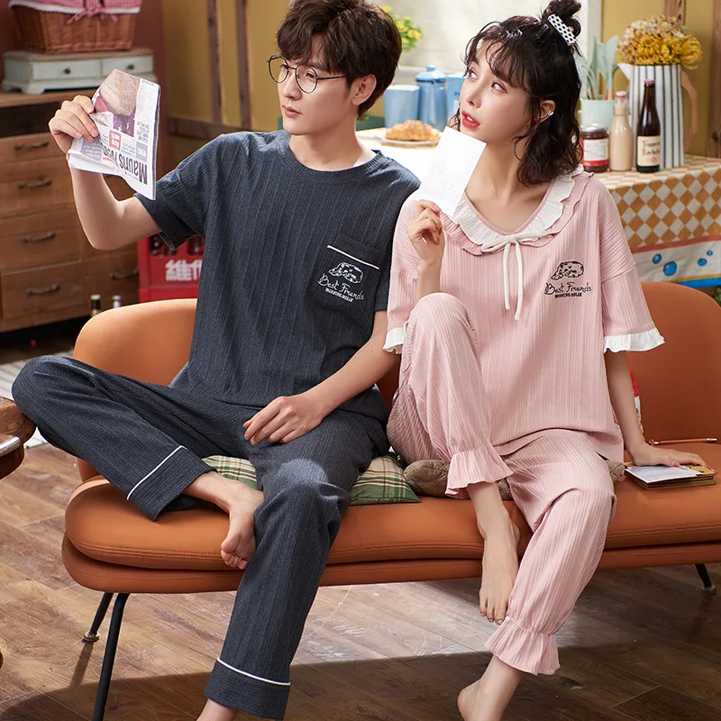 Summer couple pajamas thin short sleeve pants female student loose oversize men can wear home suit Hot Sale The new listing