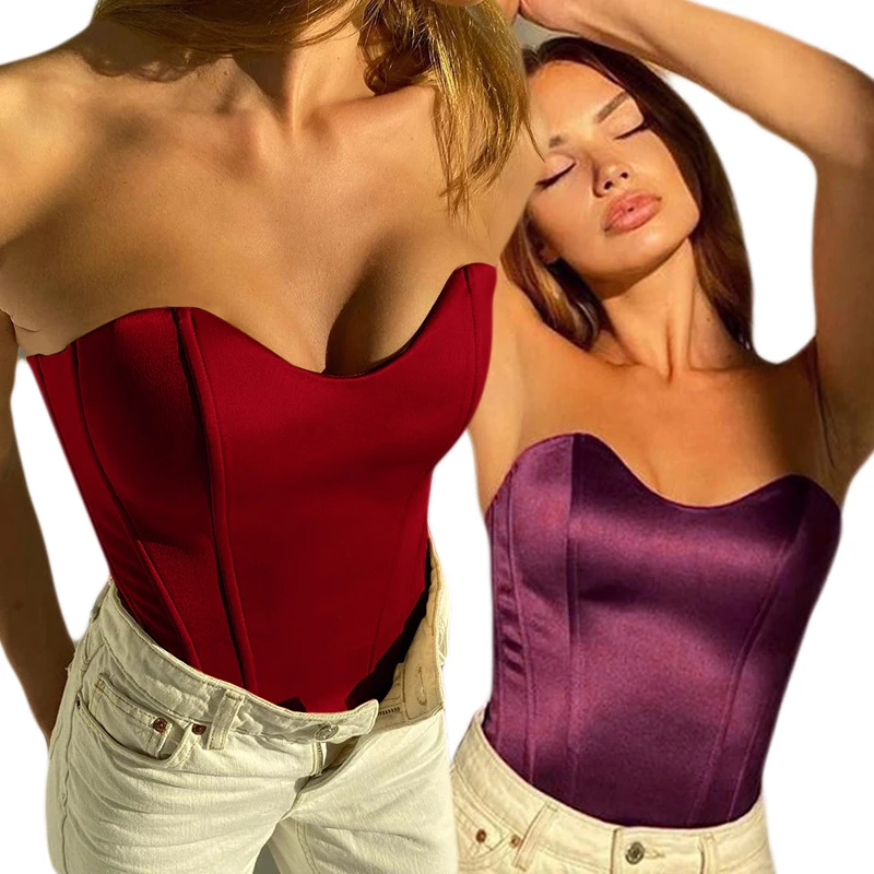 

Yuqung Strapless Slim Tube Crop Tops for Women Sexy Satin Sleeveless Backless Club Party Wrap Mini Camis Tees Vest Camisole