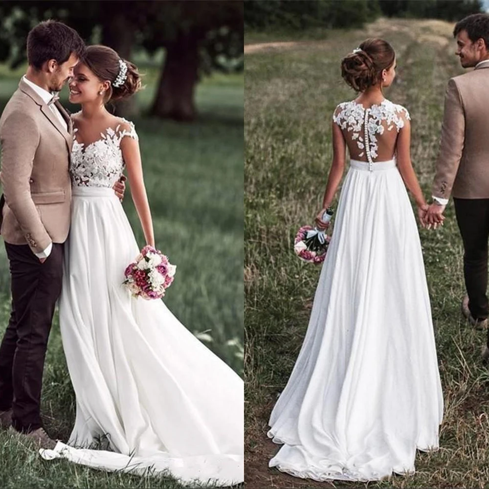 

Beach Lace Appliques Bride Dress New Cap-Sleeves Slit Side Buttons White/Ivory Wedding Dresses 2019