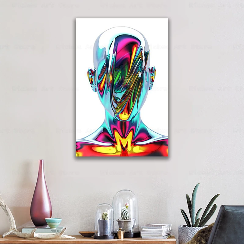 

Surrealistic Abstract Art Canvas Painting Silver Metal Robot Posters and Prints Sci-fi Style Decoration Pictures for Living Room