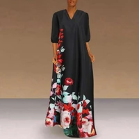 women floral print maxi dress tunic ice silk lantern 34 sleeve v neck party casual loose long dresses